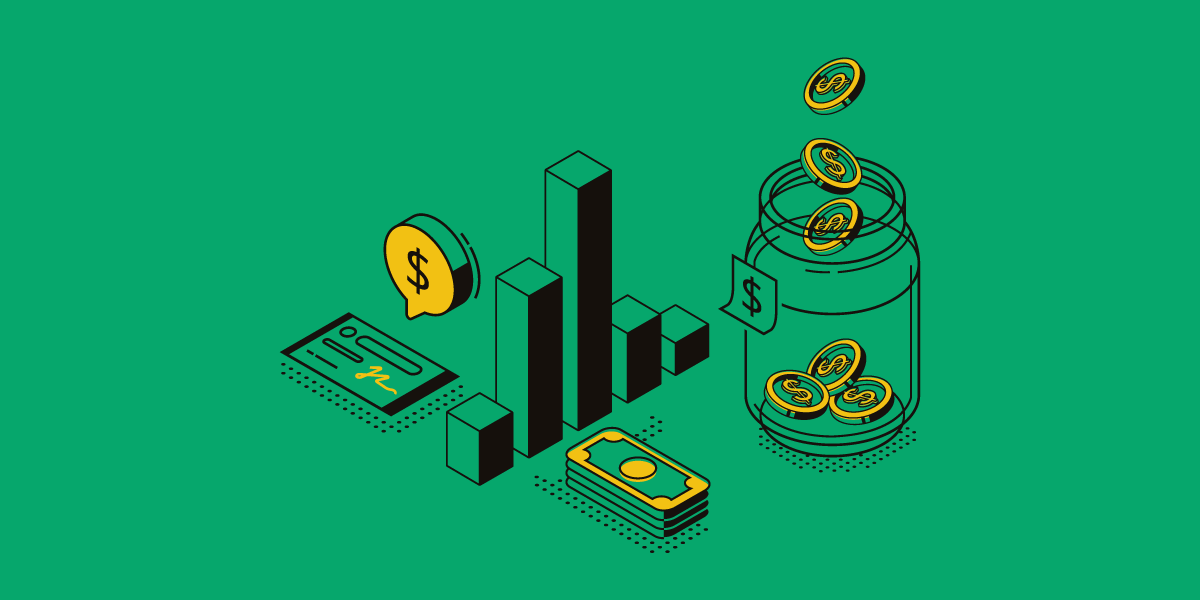 illustration of coins in jar with stack of money