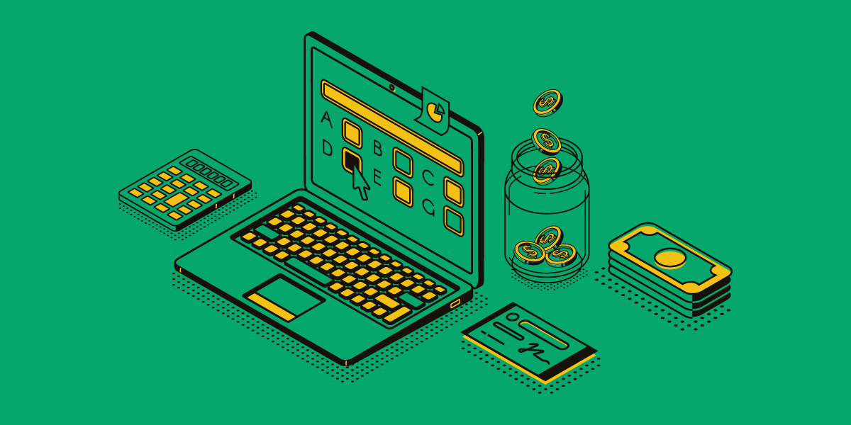 illustration of laptop with jar of coins and calculator