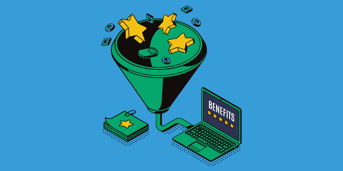 illustration of a cone, stars, computer with the word benefits