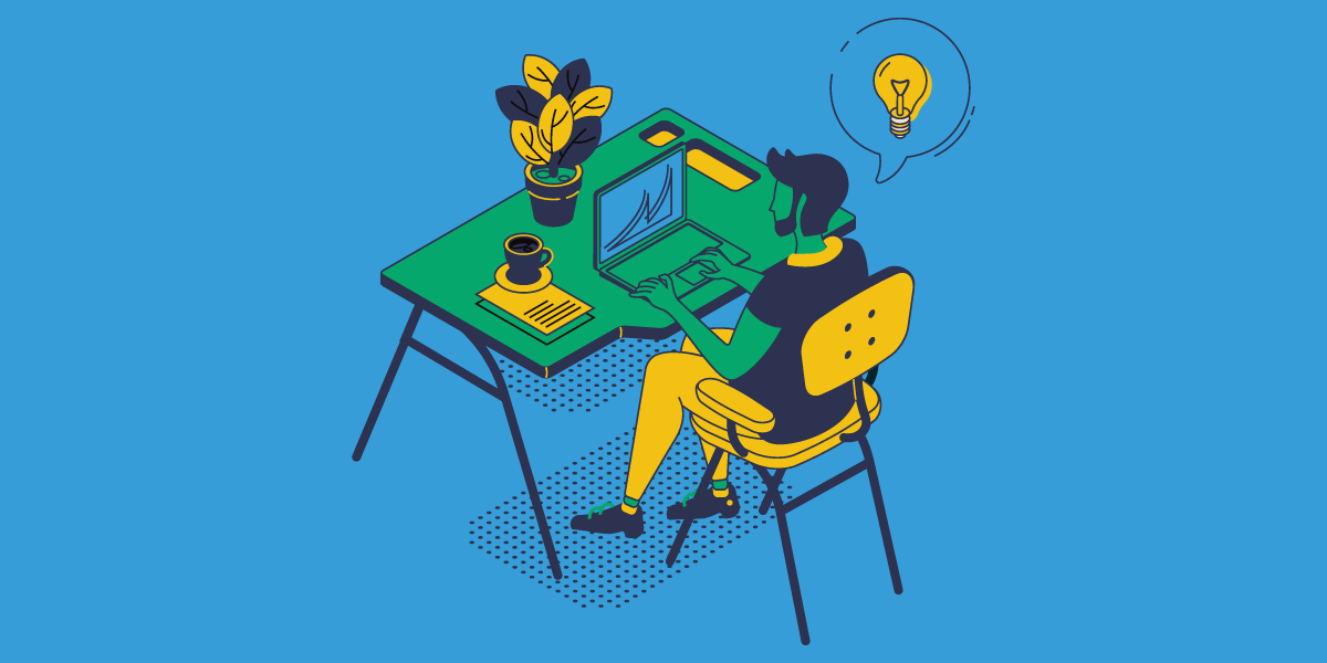 illustration of man sitting at a computer desk with an idea lightbulb