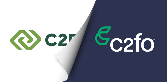 old c2fo logo torn back to reveal new c2fo logo
