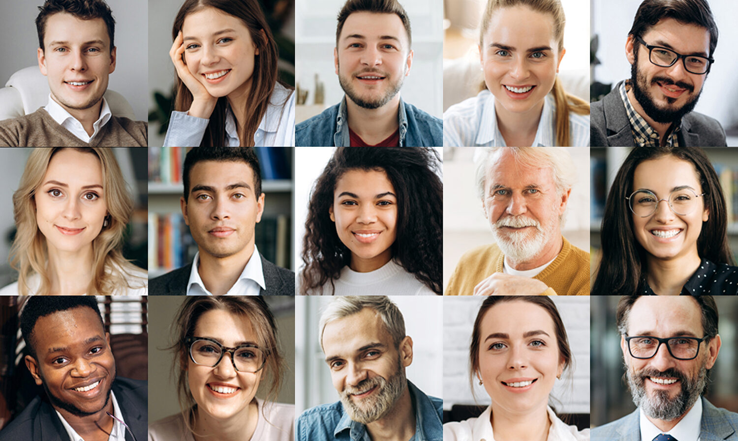 A vibrant collage of diverse people smiling, highlighting a spectrum of ages, genders, and ethnicities. The grid arrangement includes bearded men and women with glasses, showcasing various hairstyles and clothing styles—symbolizing C2FO's commitment to business empowerment through its grant program.