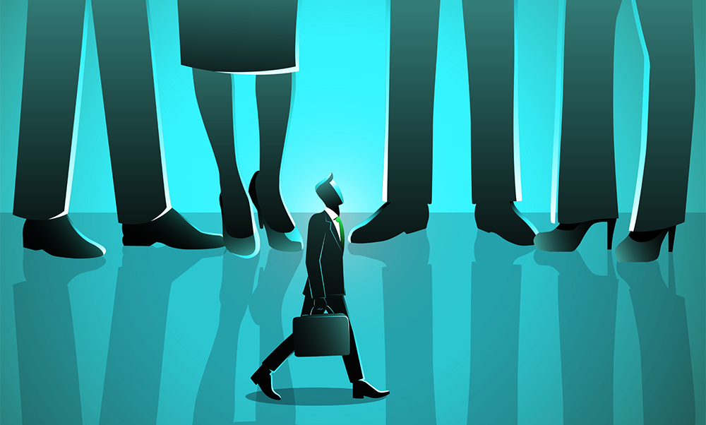 To visualize the concept of small business productivity, this illustration shows a small business man walking among giants.