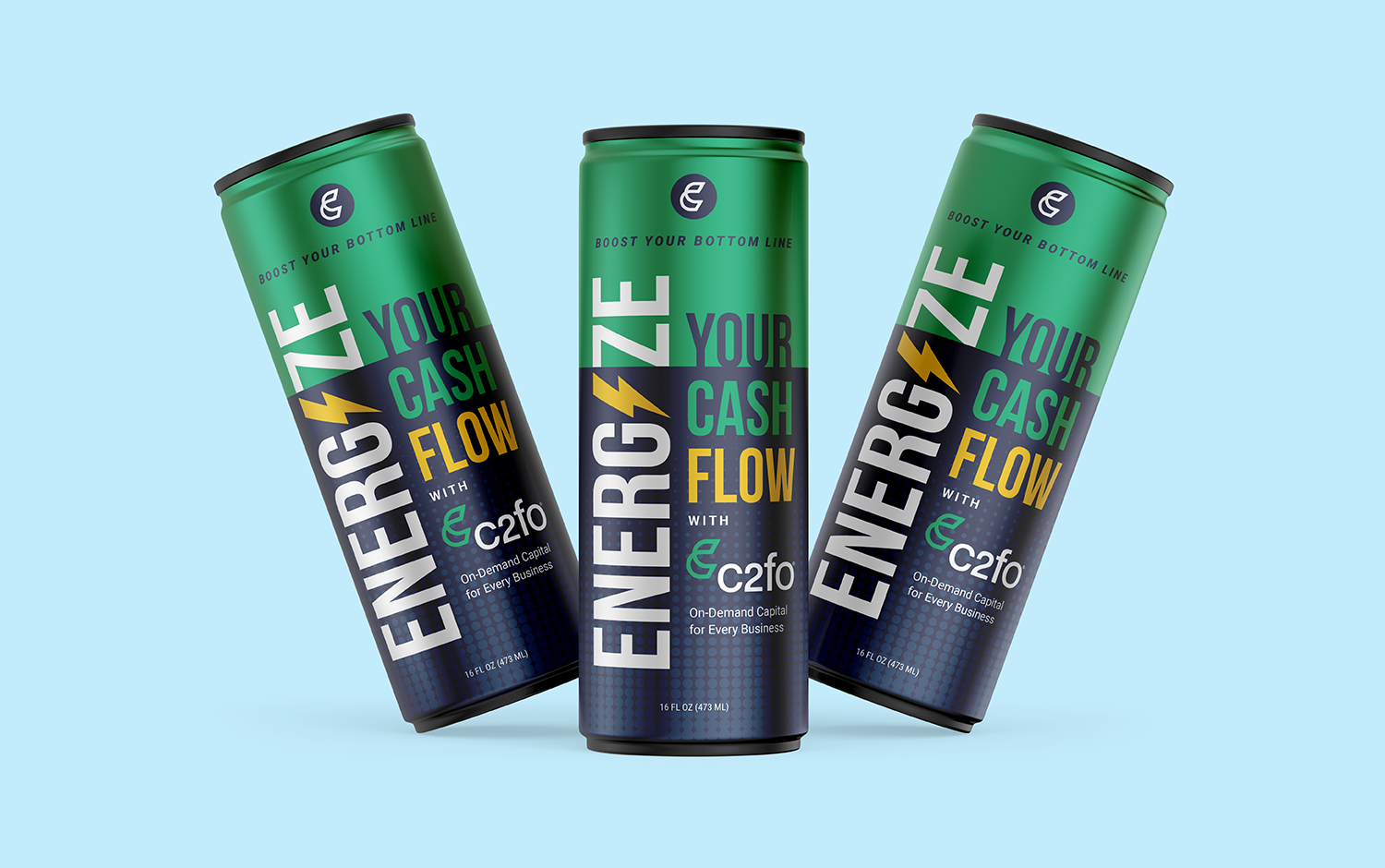 Three green energy drink cans set against a light blue backdrop. Each can proudly proclaims,