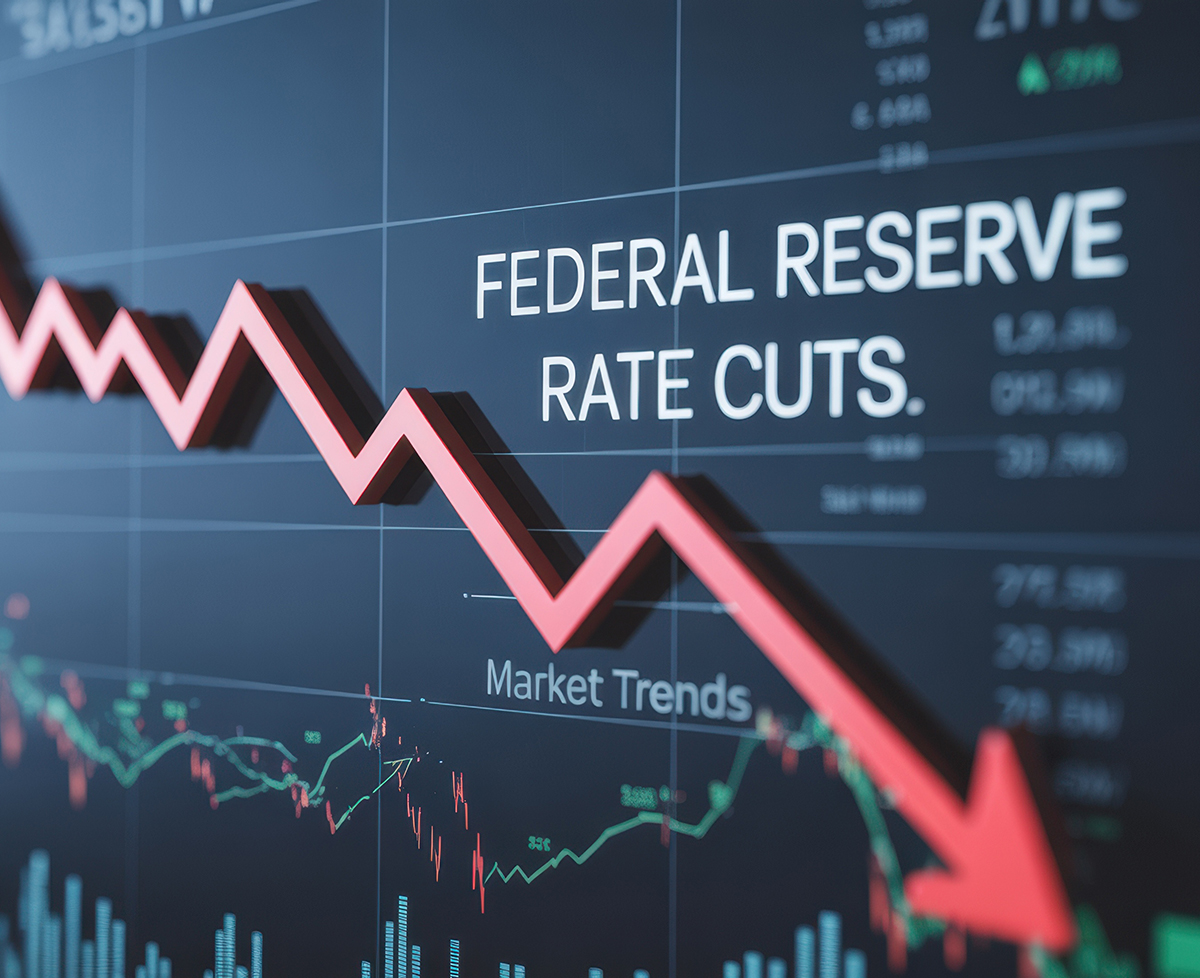 Red downward arrow on a financial chart with "Federal Reserve Rate Cuts. Smarter Payment Terms. Market Trends.
