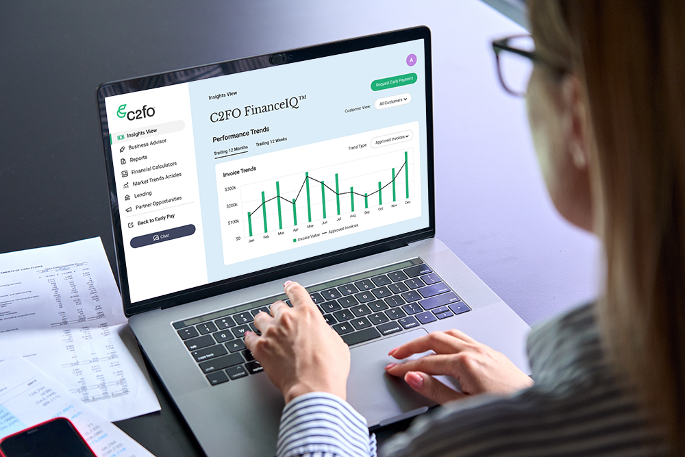 A person reviews financial performance graphs on a laptop screen using CFO FinanceIQ software.