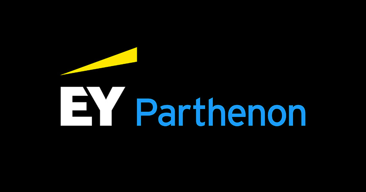 EY Parthenon logo with "EY" in white, "Parthenon" in blue, on black, highlighting c2fo partners.