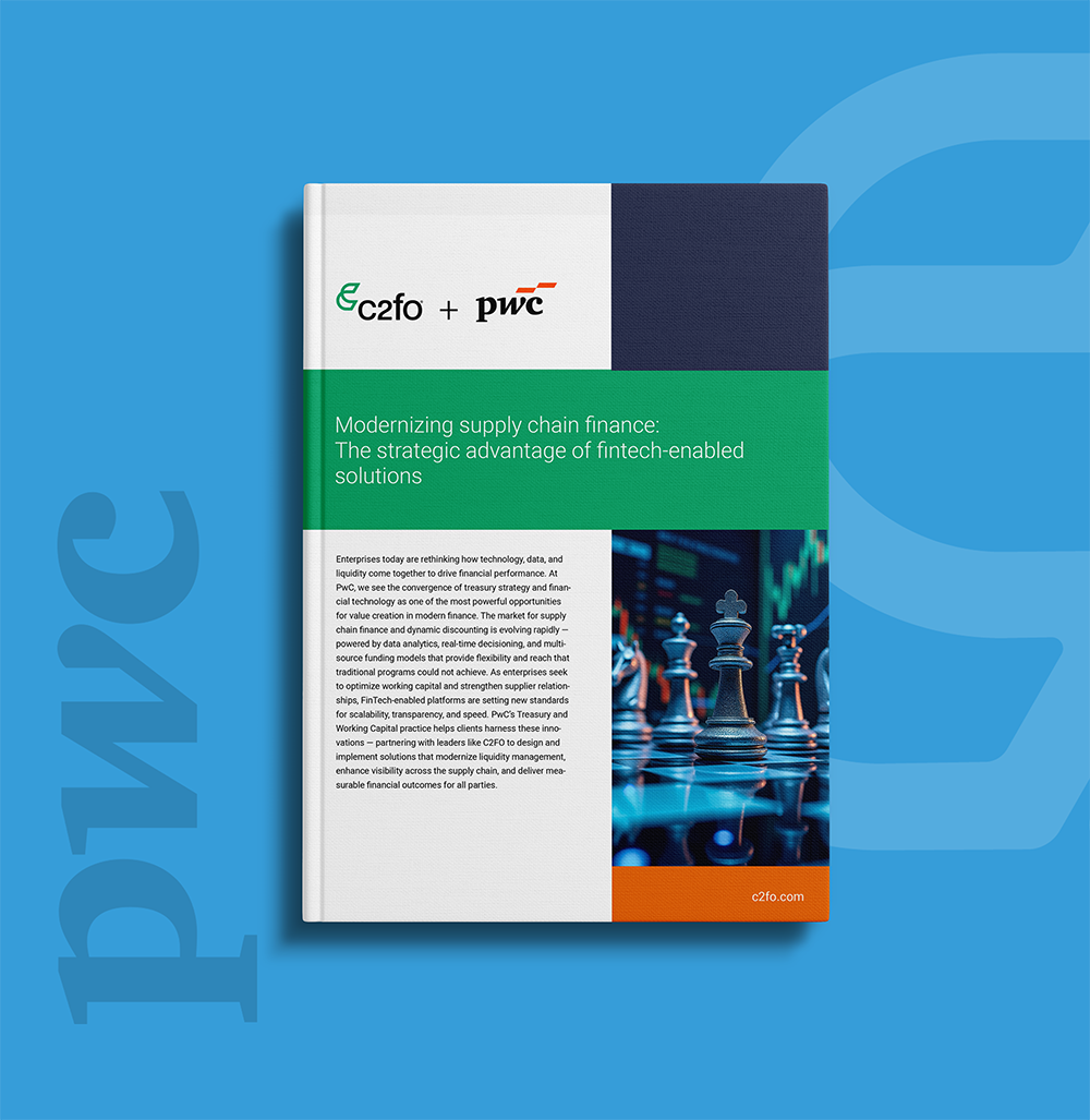 Book cover with chess pieces, titled "Modernizing supply chain finance" by c2fo, PwC, and AFP on a blue background.