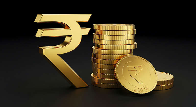 Gold Indian Rupee symbol and stacked coins, highlighting MSME Payment Delays on a black background.