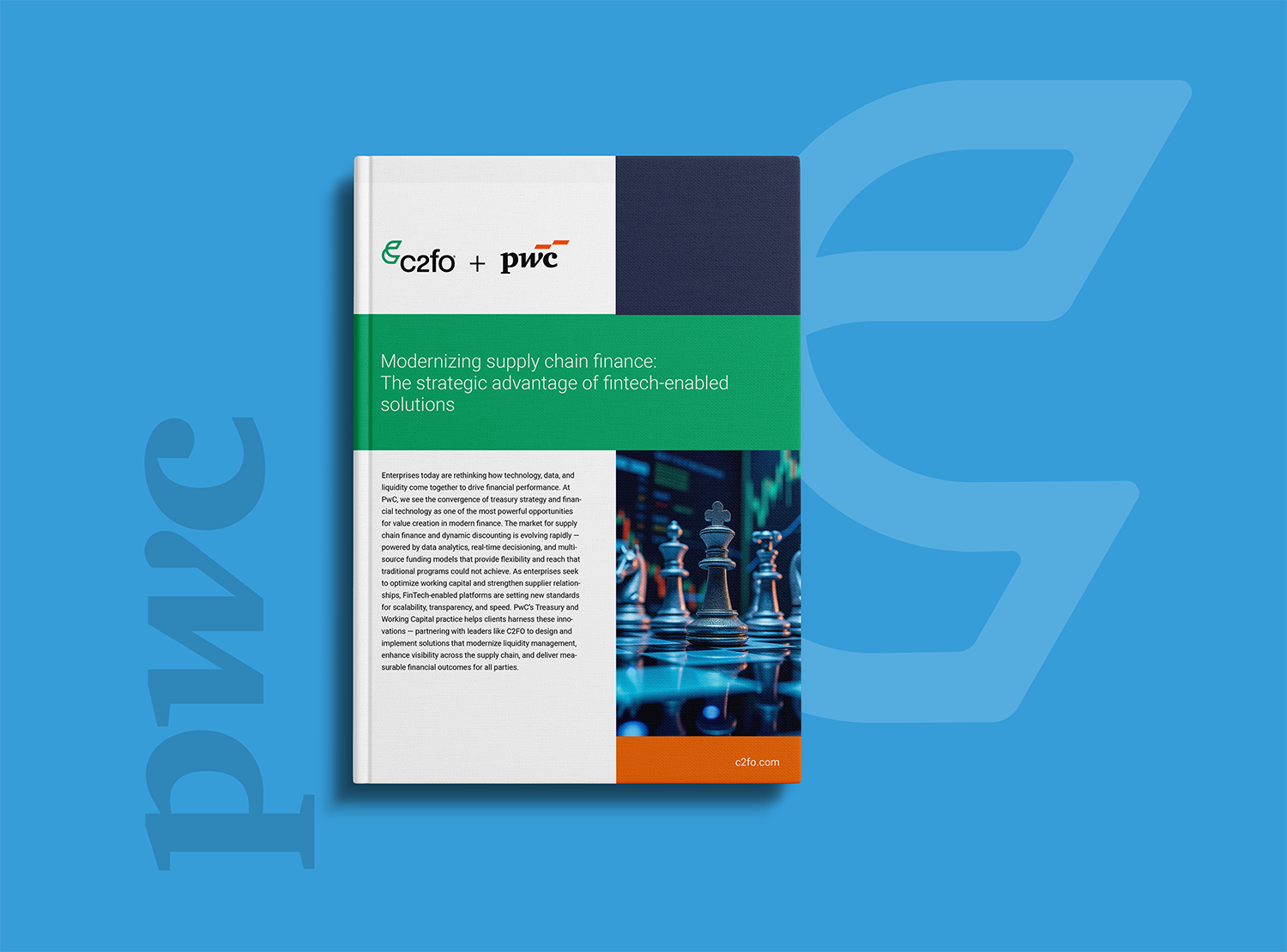 A report cover with C2FO and PwC logos, chess pieces on blue, and faint "pwc" text in the background.