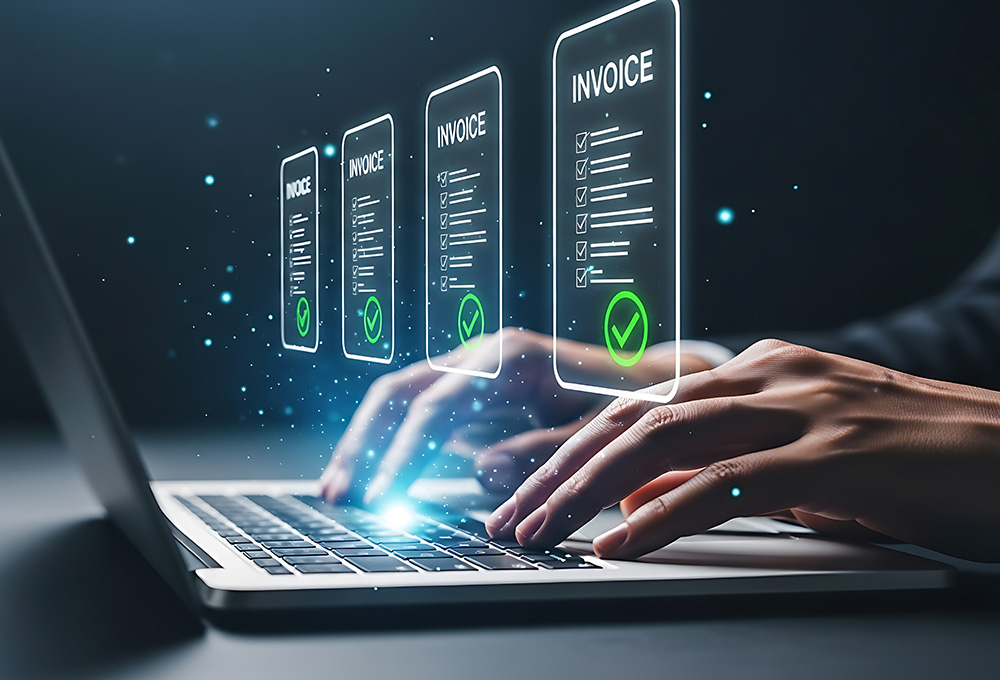 Hands typing on a laptop with digital invoice icons, green check marks, and alternative financing symbols above.