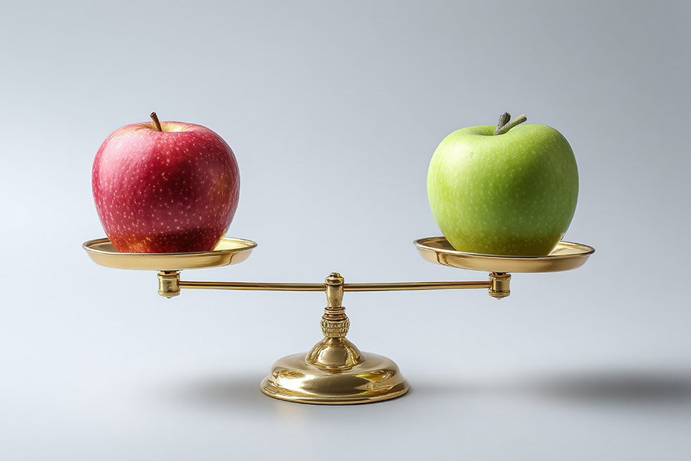 A red and a green apple balanced on a gold scale, symbolizing the need to compare cost of capital.