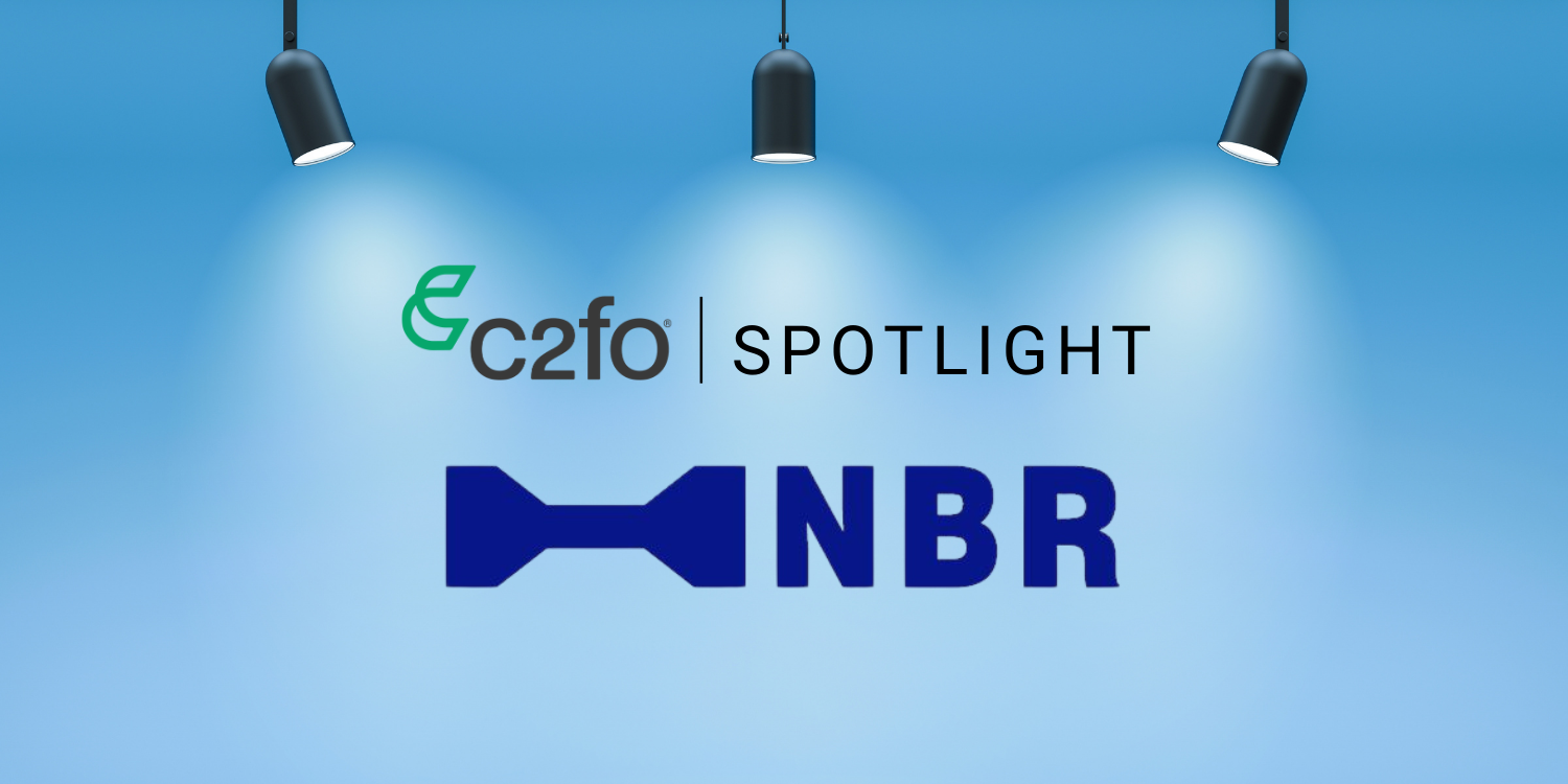 Three spotlights shine on the c2fo Spotlight and NBR logos, highlighting ways to optimize working capital.