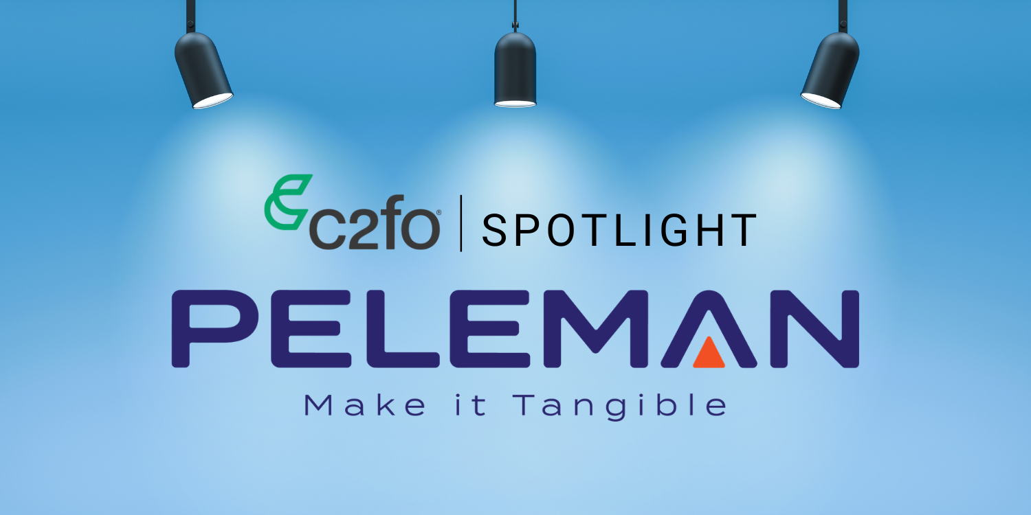 Three spotlights shine on "c2fo Spotlight: Optimize Working Capital, PELEMAN Make it Tangible" on blue background.