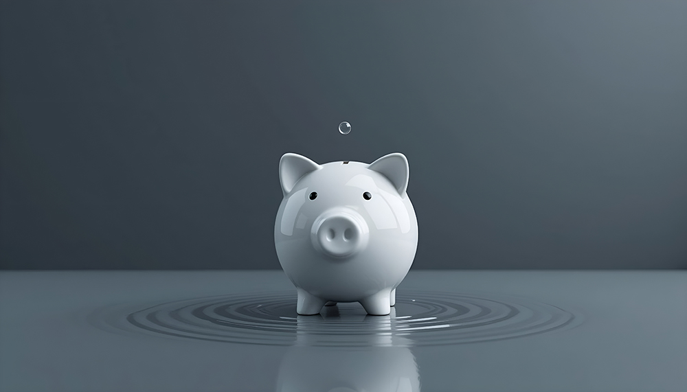 White piggy bank in water with droplet above, symbolizing suppliers and liquidity on a gray background.