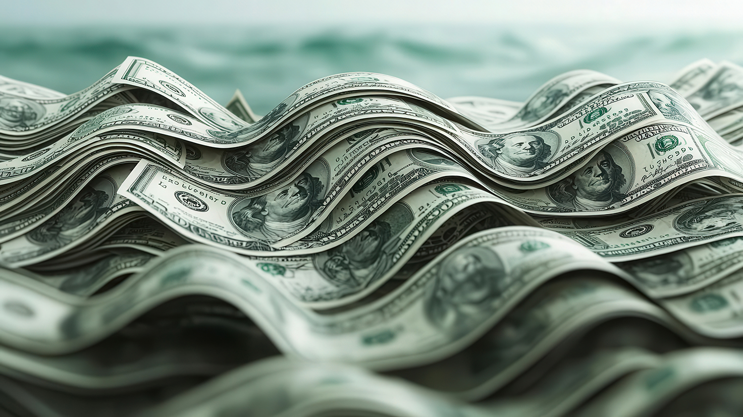 Stacks of U.S. dollar bills arranged like ocean waves, symbolizing strong cash flow with a blurred background.