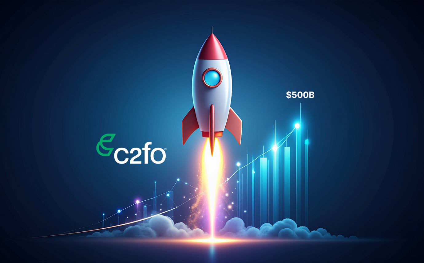 A rocket with the C2FO logo and "$500B" soars, symbolizing funding and cash flow autonomy.