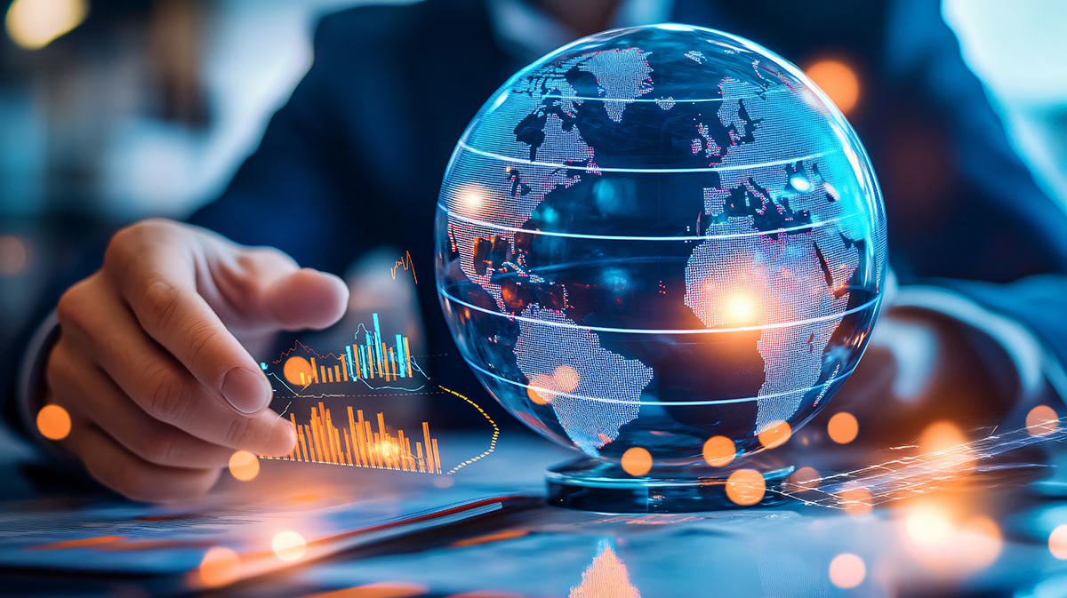A person in a suit interacts with a digital globe and data charts, symbolizing global business and analytics.