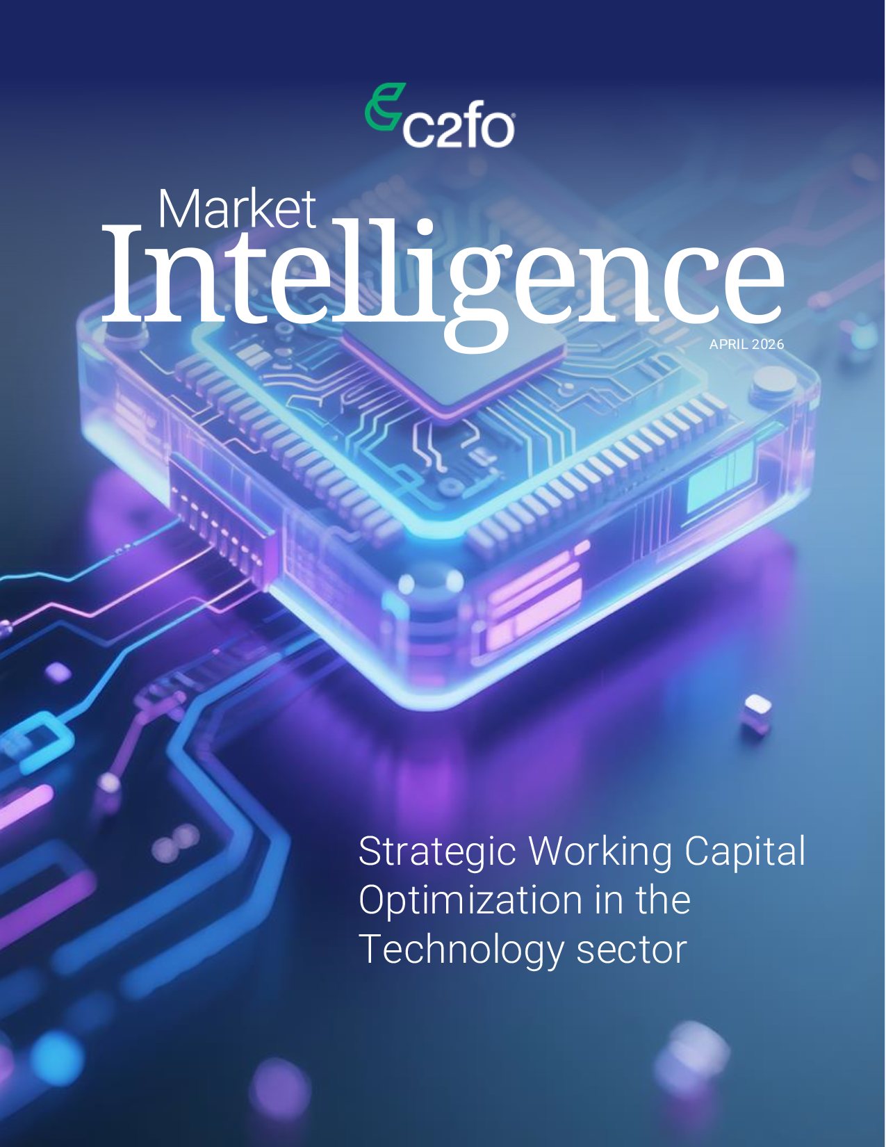 A glowing microchip illustration with "Payment Terms Intelligence" and report details overlaid.