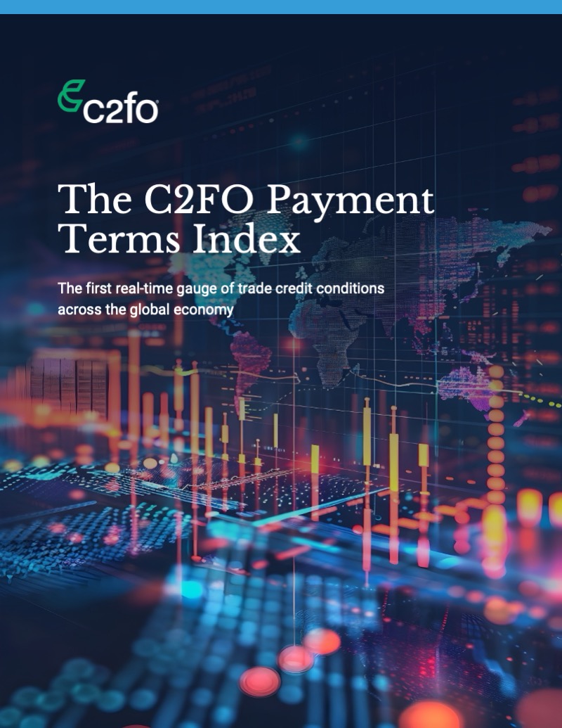 C2FO Payment Terms Index cover with digital graphs and charts, showcasing financial data and analytics.