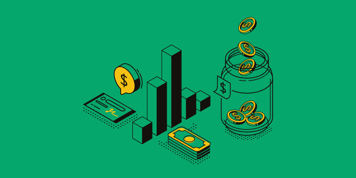 Illustration of charts, cash, coins, a check, and a jar of money on a green background.