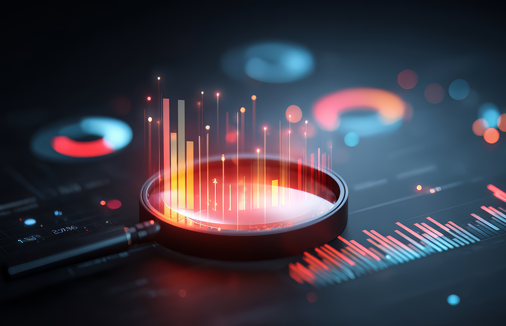 A magnifying glass over glowing digital bar graphs and charts on a dark background, symbolizing data analysis.