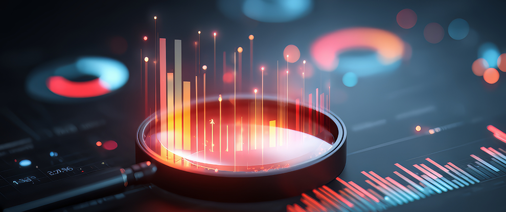 A magnifying glass hovers over glowing digital bar graphs and data charts on a dark background.