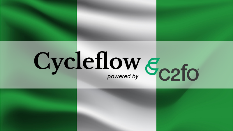 Cycleflow powered by C2FO logo overlaid on a waving green and white Nigerian flag.