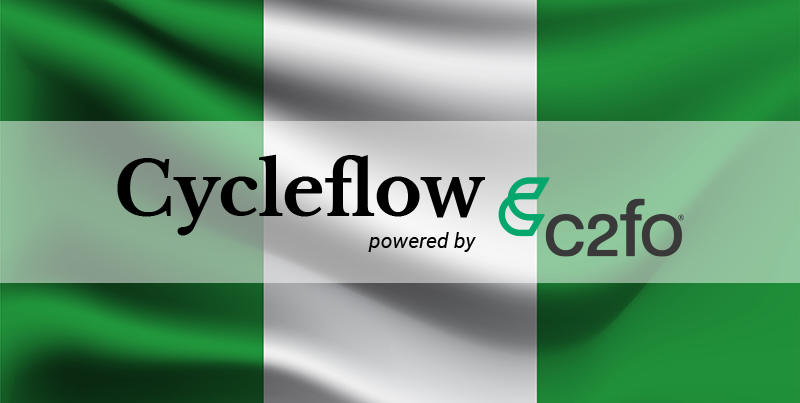 Cycleflow powered by c2fo logo overlaid on the Nigerian flag.
