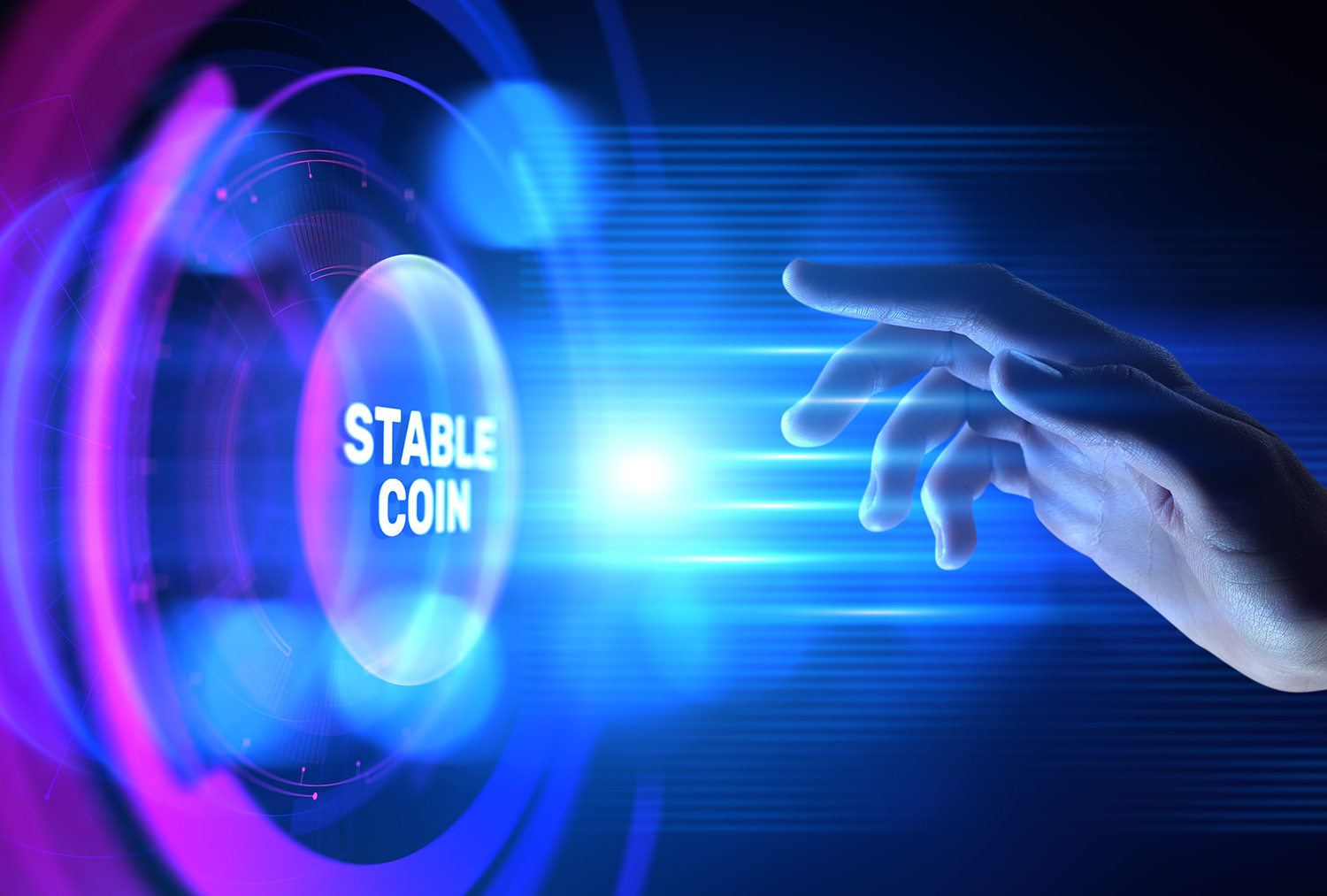 A hand reaches toward a glowing "Stable Coin" button, highlighting a $1.2 billion settlement with digital effects.