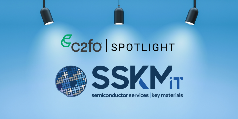 Spotlights shine on SSKMIT SRL and C2FO logos, highlighting service quality in semiconductor services and key materials.