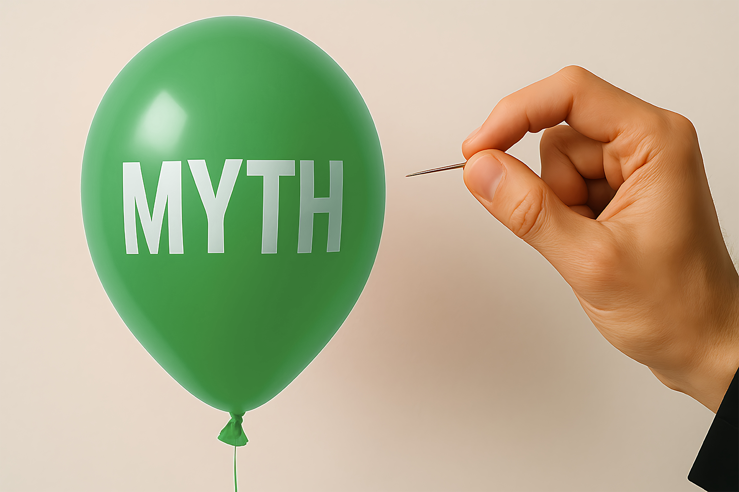 A hand with a pin is about to pop a green "MYTH" balloon labeled Early Pay against a plain background.