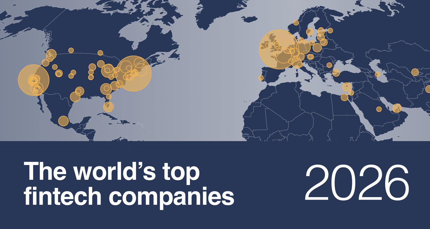 Map with orange dots marking fintech company hubs; text reads "The world’s top fintech companies 2026, per CNBC".