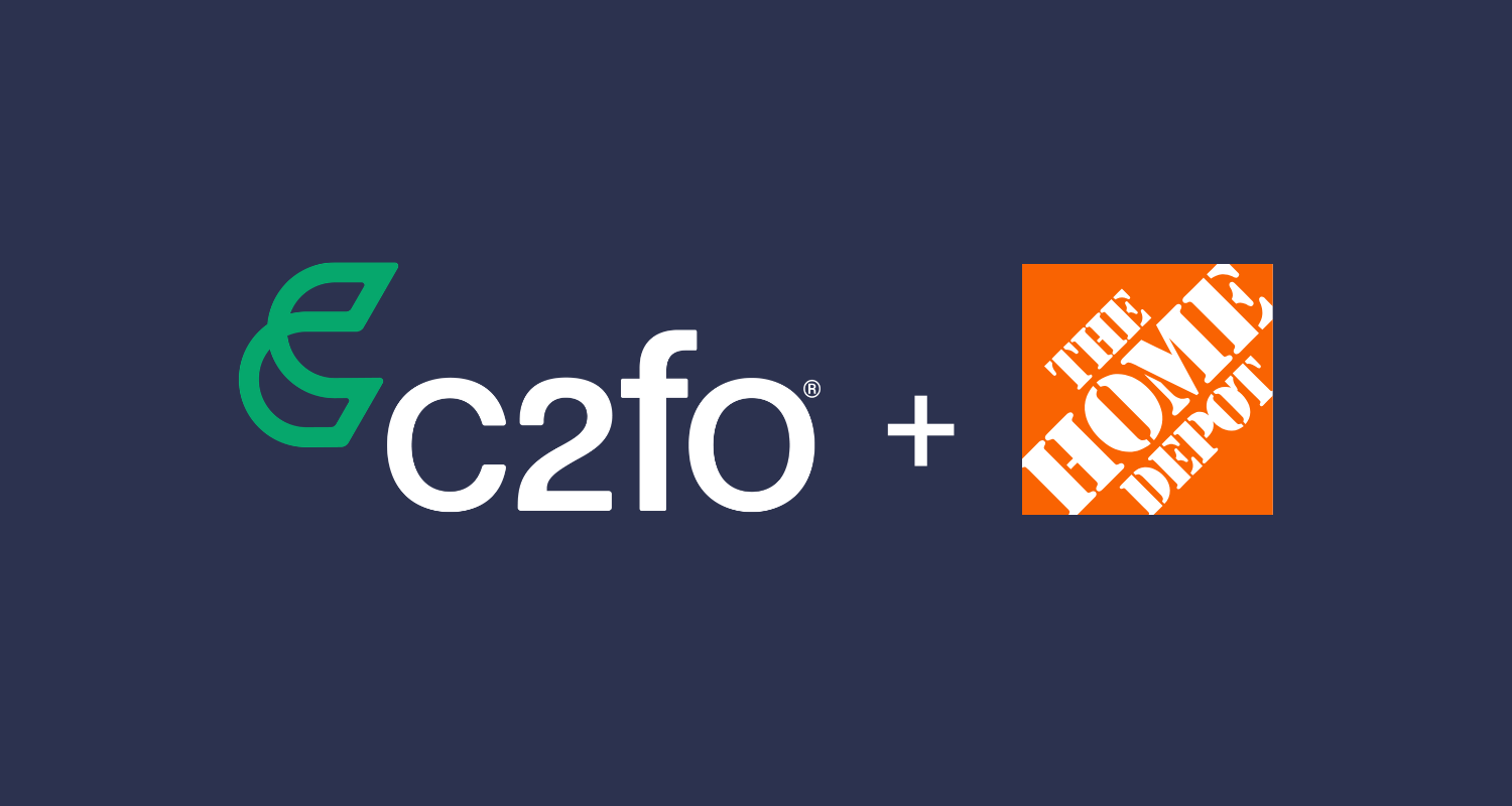 Logos of C2FO and Home Depot with a plus sign between them on a dark blue background.