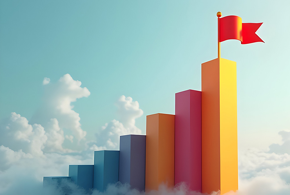Colorful bar graph steps up through clouds to a red flag, symbolizing quarter-end strategies against a blue sky.