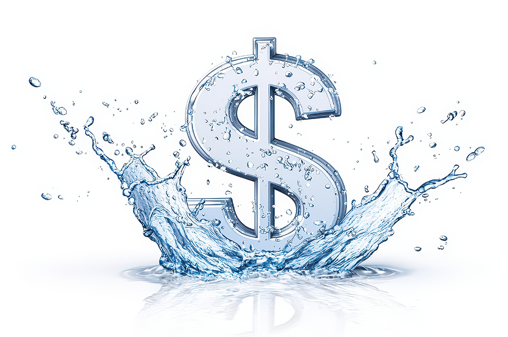 A metallic dollar sign splashes into clear water, creating droplets and ripples around it.
