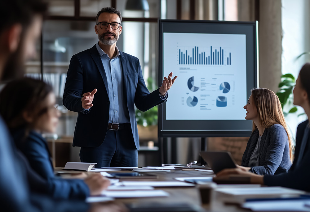 A businessman stands before a team in a meeting room, gesturing toward a screen showing business charts.