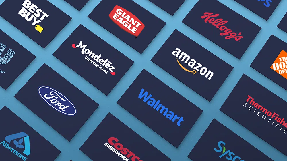 A grid of various corporate brand logos displayed on dark blue square backgrounds.